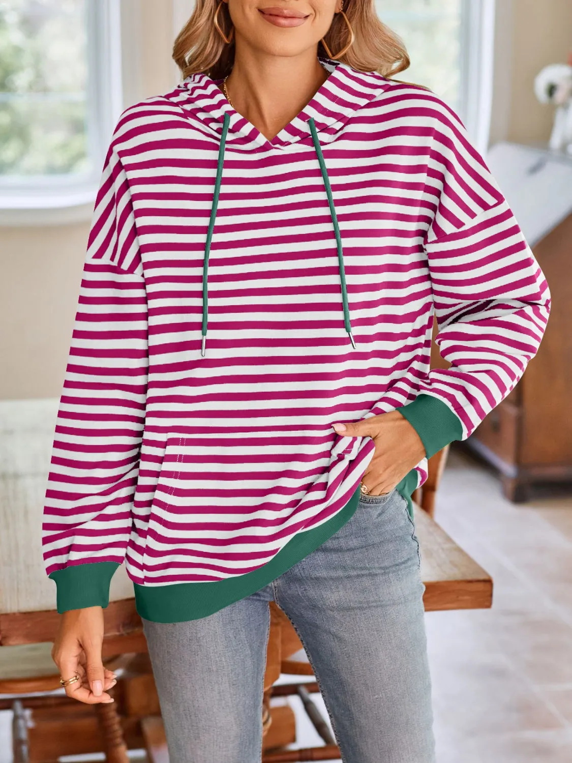 TEEK - Lovelet Drawstring Striped Long Sleeve Hoodie