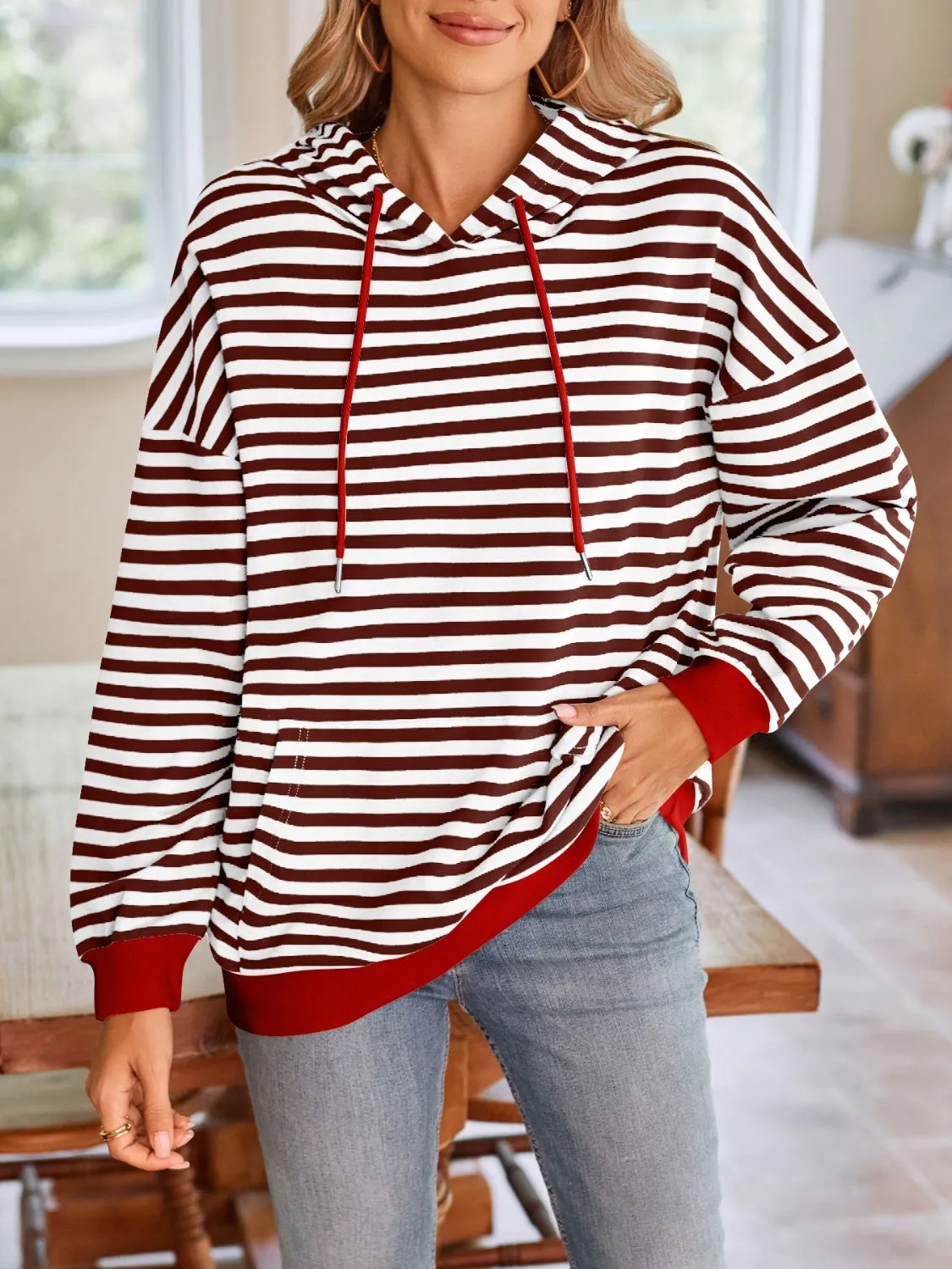 TEEK - Lovelet Drawstring Striped Long Sleeve Hoodie