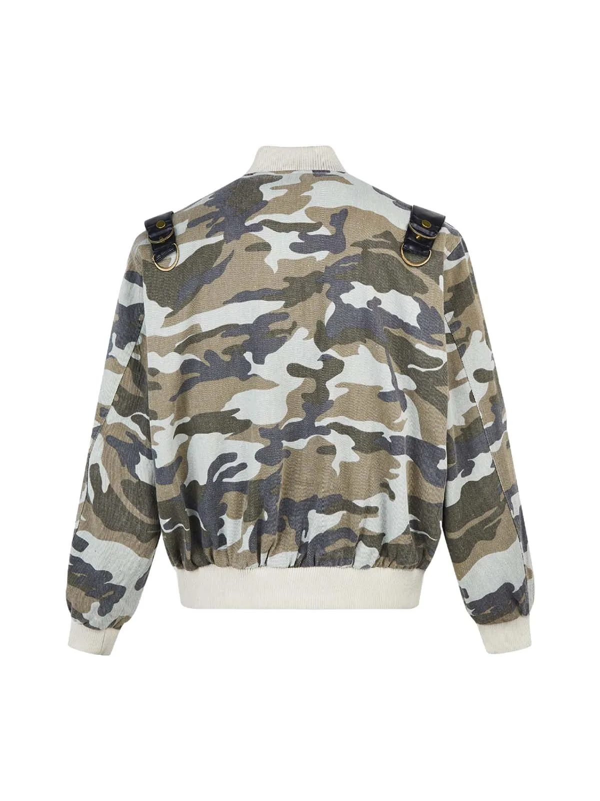 Thesupermade Camouflage Leather Shoulder Pad Denim Bomber Jacket