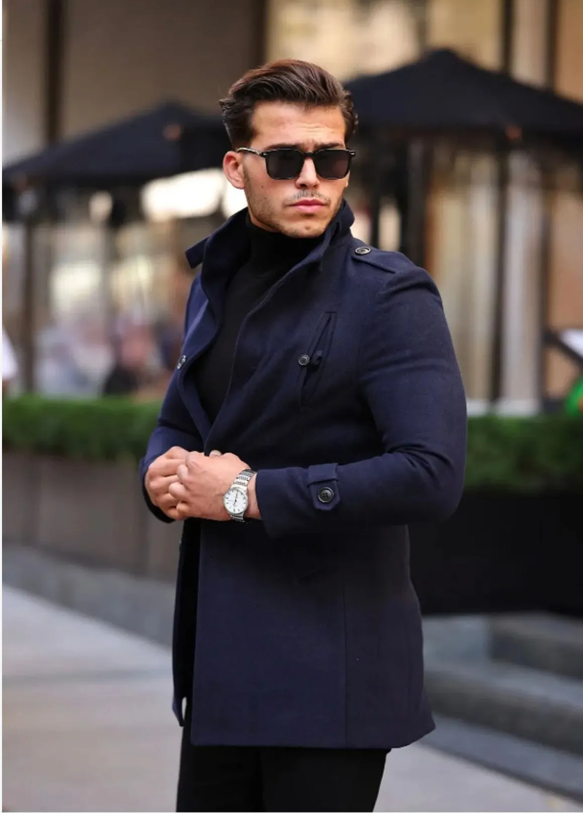 [Tommy] Navy Single-Breasted Pea Coat -100% Wool