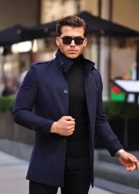 [Tommy] Navy Single-Breasted Pea Coat -100% Wool