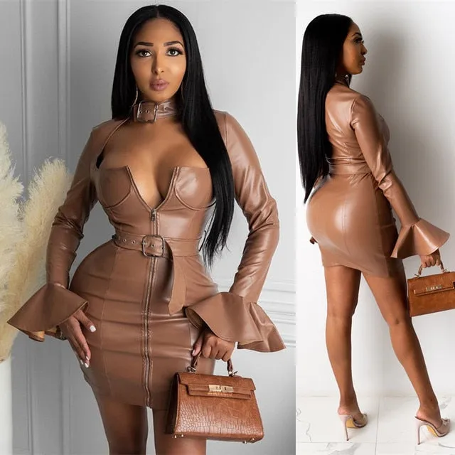 Trendy Faux Brown Leather Long Flare Sleeve Belt Dress