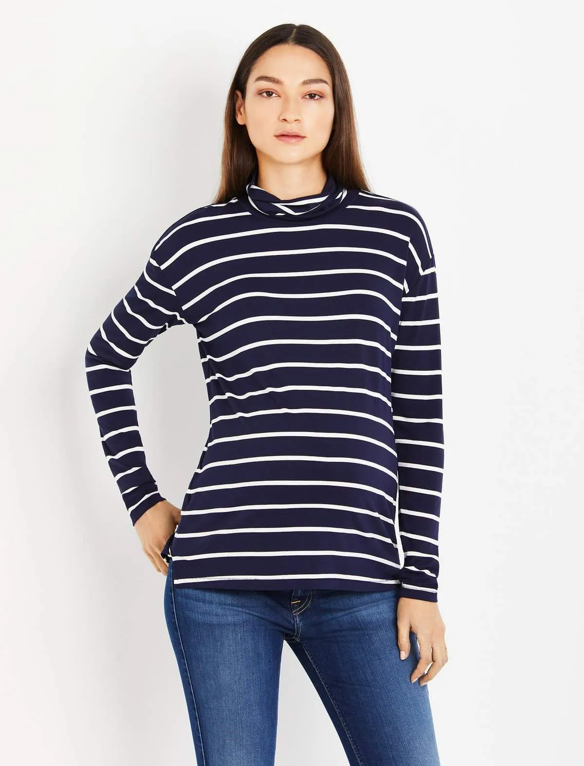 Turtleneck Striped Maternity Top in Navy Stripe