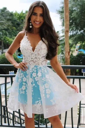 Unique V Neck White Lace Blue Short Prom Dress Homecoming Dress, White Lace Formal Graduation Evening Dress