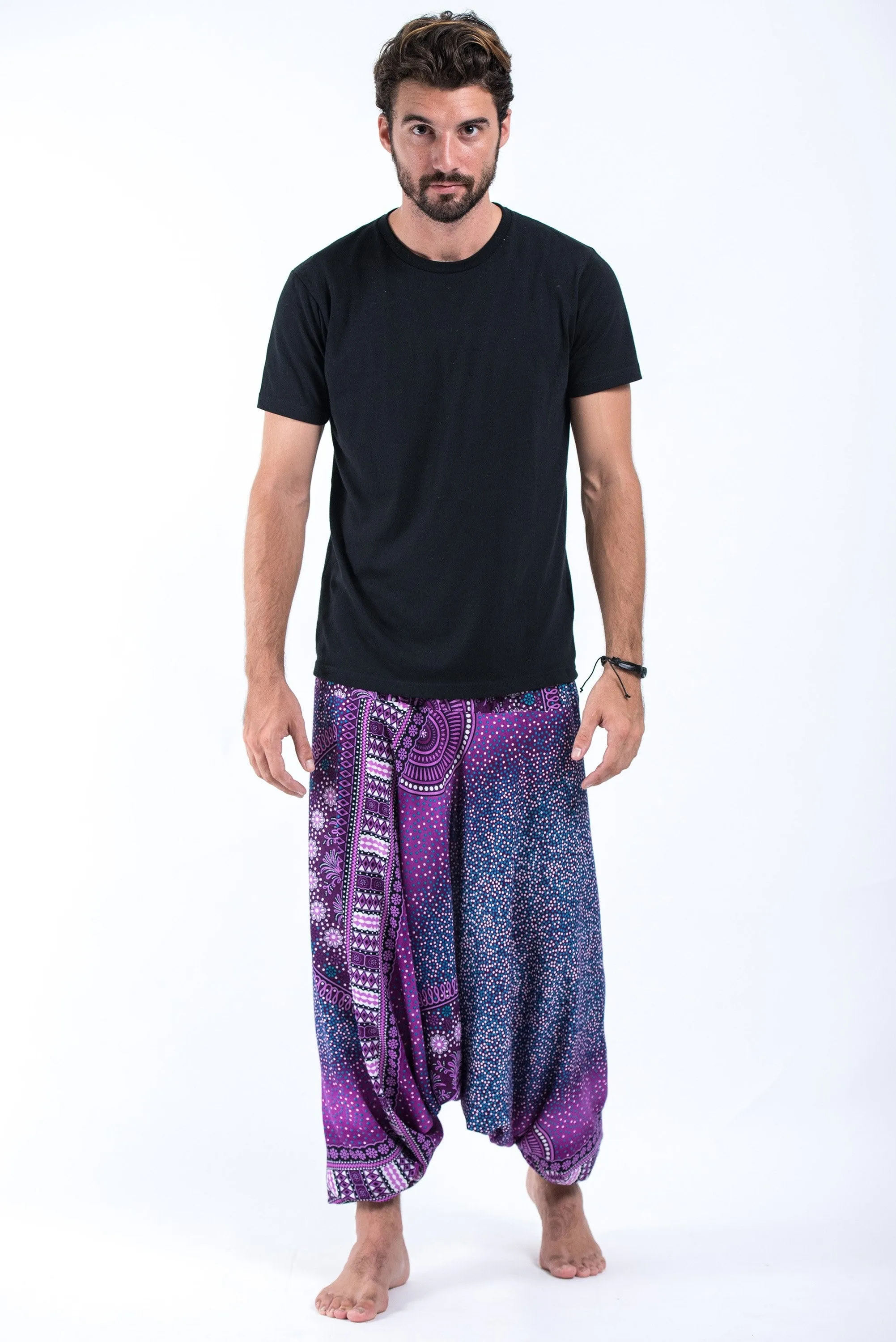 Unisex Tribal Chakras Drop Crotch Drop Crotch Jumpsuit Harem Pants in Purple