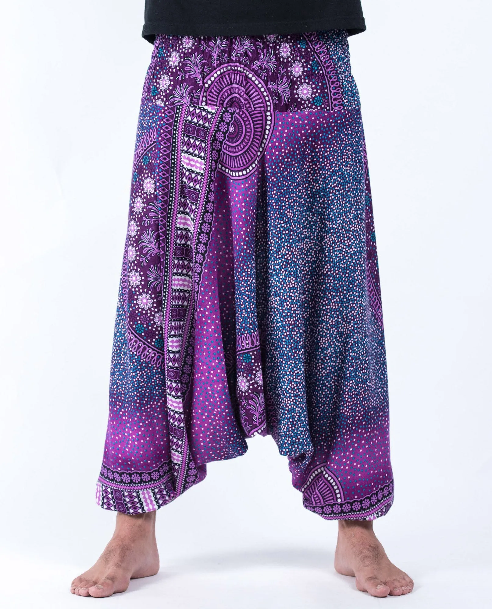 Unisex Tribal Chakras Drop Crotch Drop Crotch Jumpsuit Harem Pants in Purple