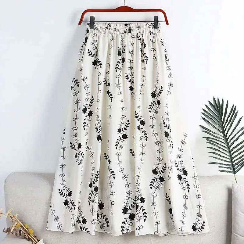 Uniwim Vintage Printed Long Skirt Women Summer Elastic High Wiast Mid-Calf Skirts Female Casual All-Match A-Line Pleated Skirt