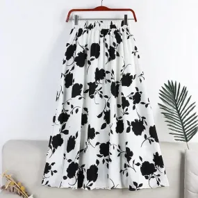 Uniwim Vintage Printed Long Skirt Women Summer Elastic High Wiast Mid-Calf Skirts Female Casual All-Match A-Line Pleated Skirt