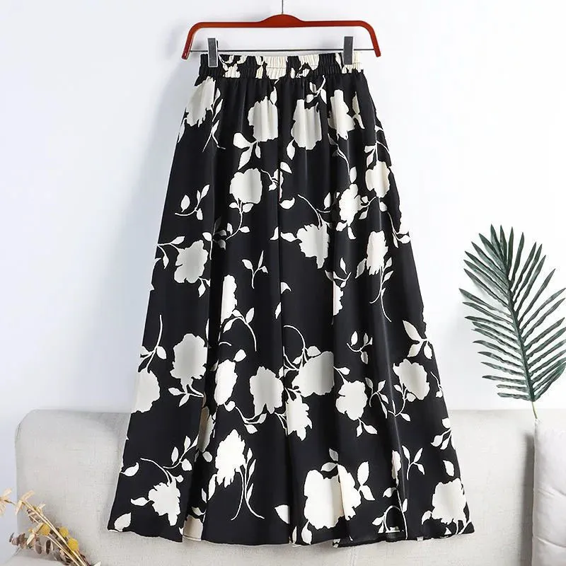 Uniwim Vintage Printed Long Skirt Women Summer Elastic High Wiast Mid-Calf Skirts Female Casual All-Match A-Line Pleated Skirt