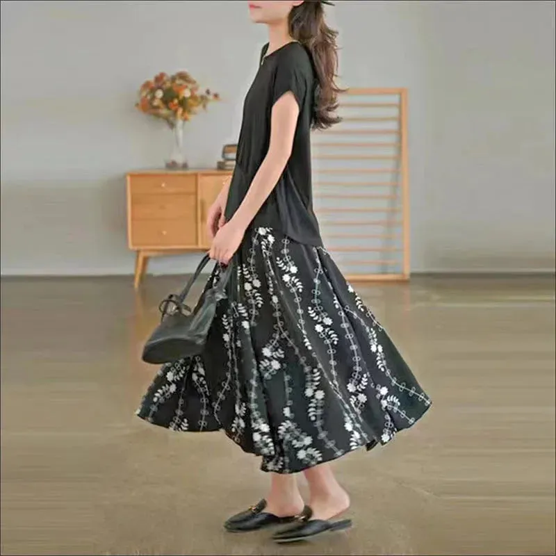 Uniwim Vintage Printed Long Skirt Women Summer Elastic High Wiast Mid-Calf Skirts Female Casual All-Match A-Line Pleated Skirt