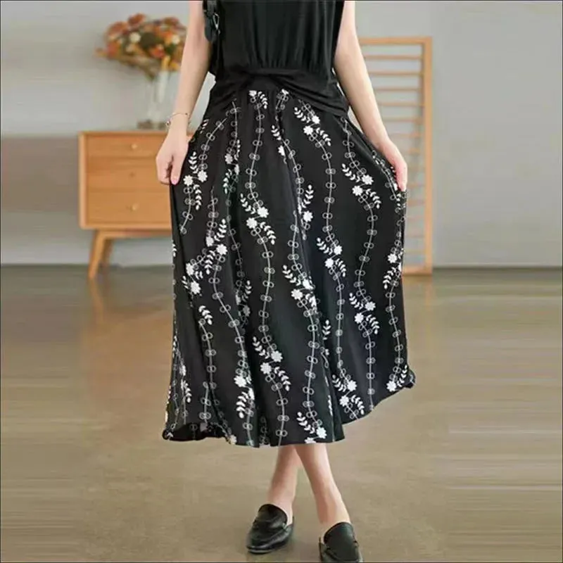 Uniwim Vintage Printed Long Skirt Women Summer Elastic High Wiast Mid-Calf Skirts Female Casual All-Match A-Line Pleated Skirt