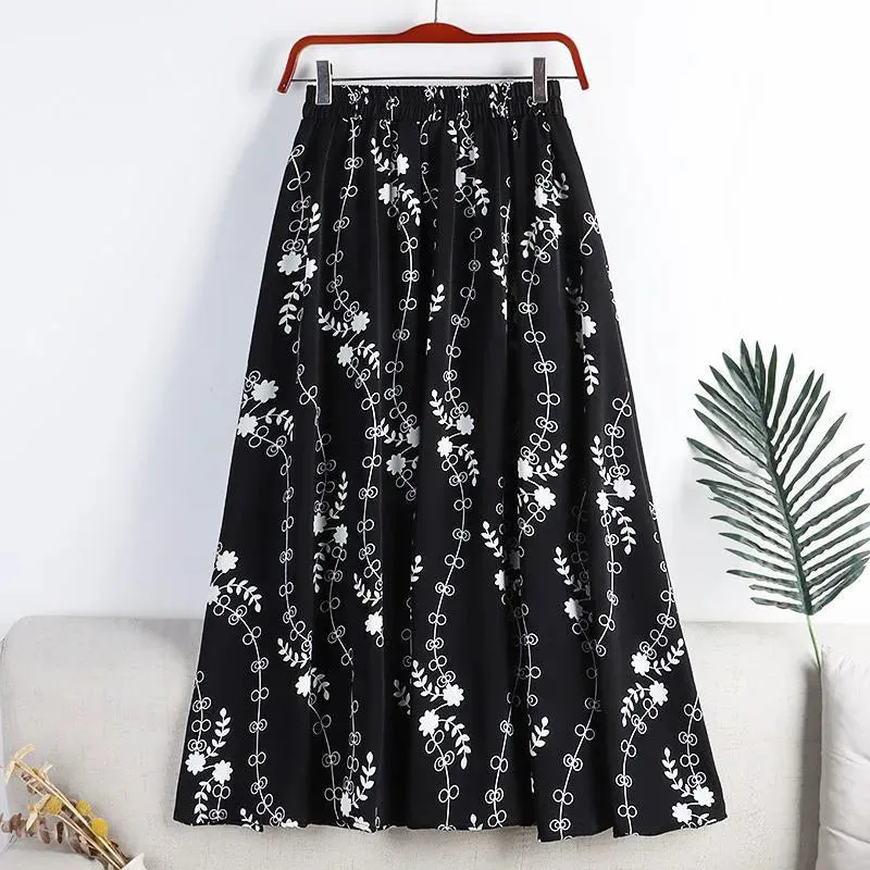 Uniwim Vintage Printed Long Skirt Women Summer Elastic High Wiast Mid-Calf Skirts Female Casual All-Match A-Line Pleated Skirt