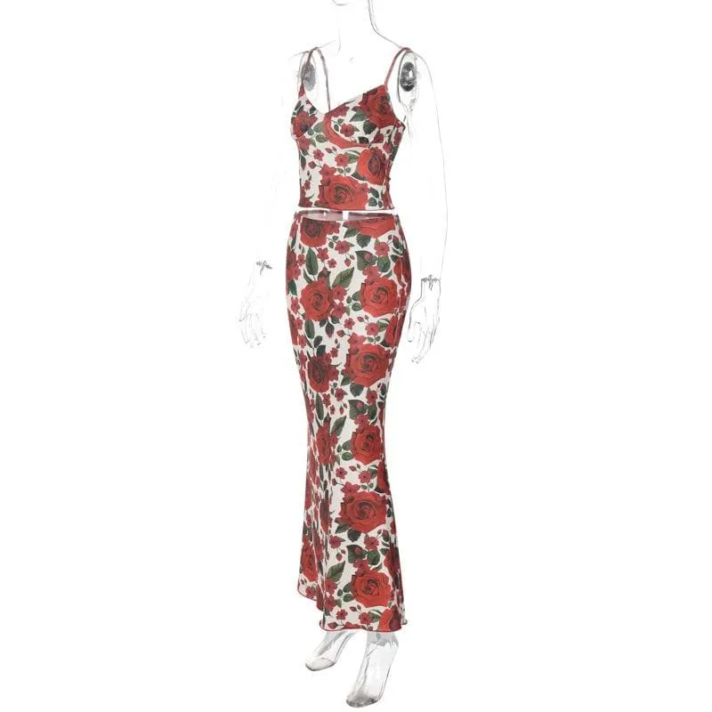 V neck backless flower print cami maxi skirt set