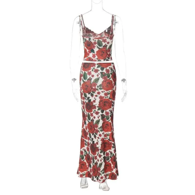 V neck backless flower print cami maxi skirt set