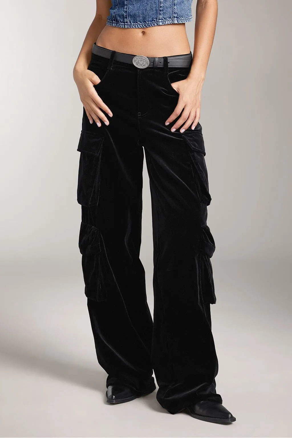 Vintage Velvet High Waist Cargo Pants