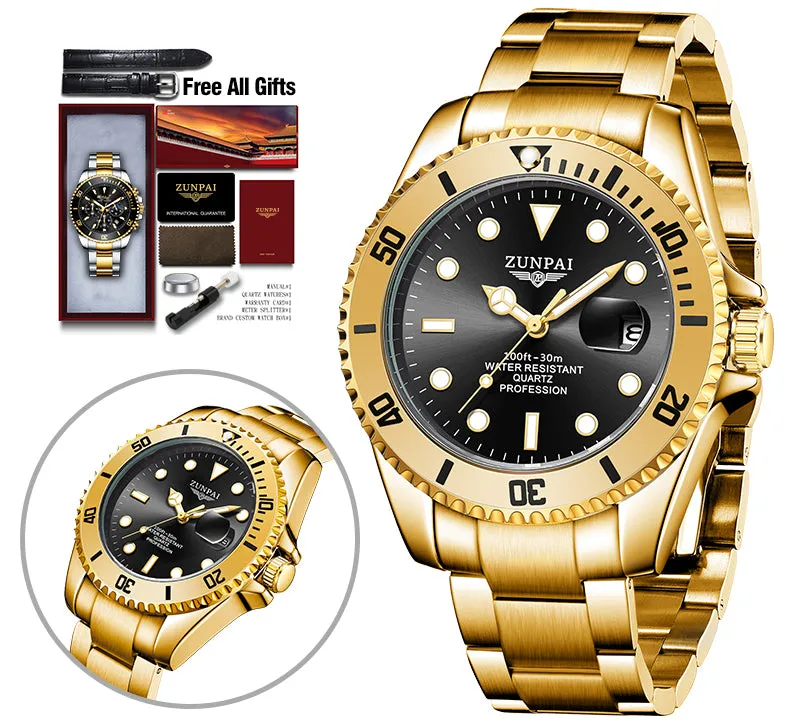 Watch for Men's Waterproof Sports Stainless Steel Diving Wristwatches Golden  Fashion Luxury