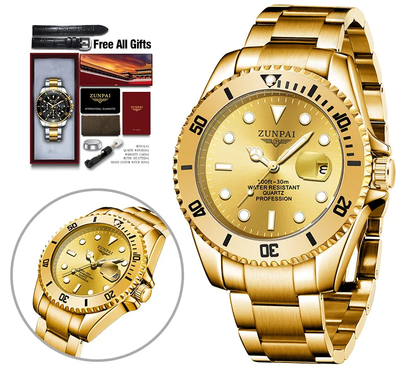 Watch for Men's Waterproof Sports Stainless Steel Diving Wristwatches Golden  Fashion Luxury