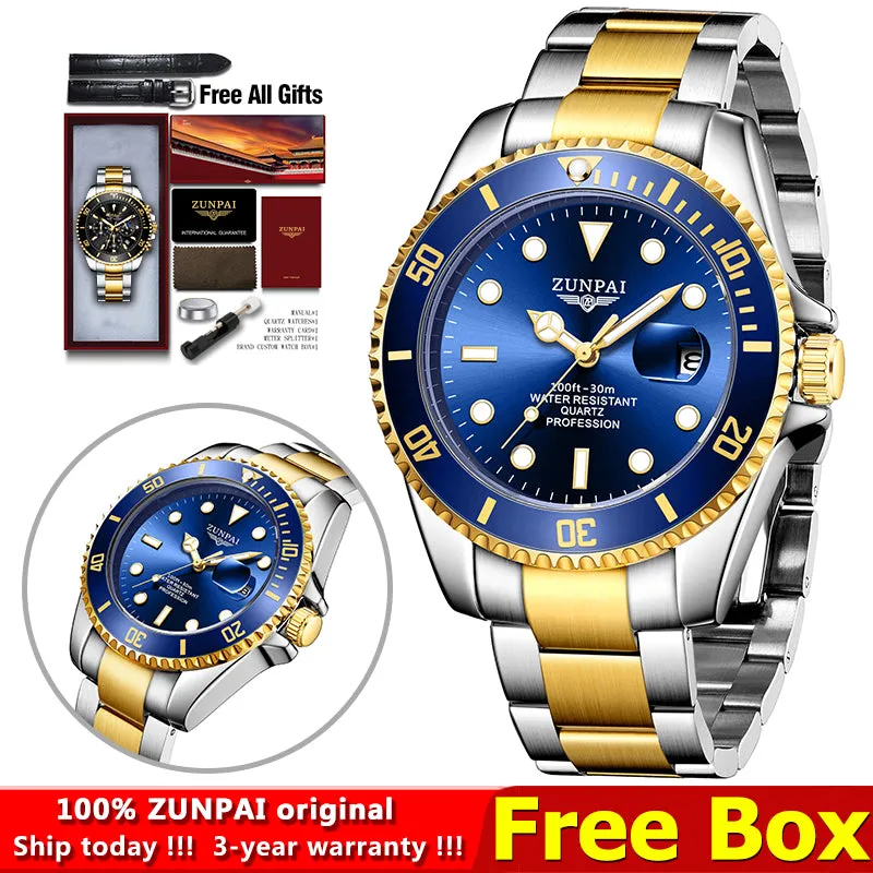 Watch for Men's Waterproof Sports Stainless Steel Diving Wristwatches Golden  Fashion Luxury