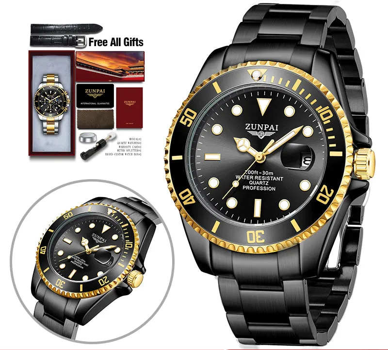 Watch for Men's Waterproof Sports Stainless Steel Diving Wristwatches Golden  Fashion Luxury