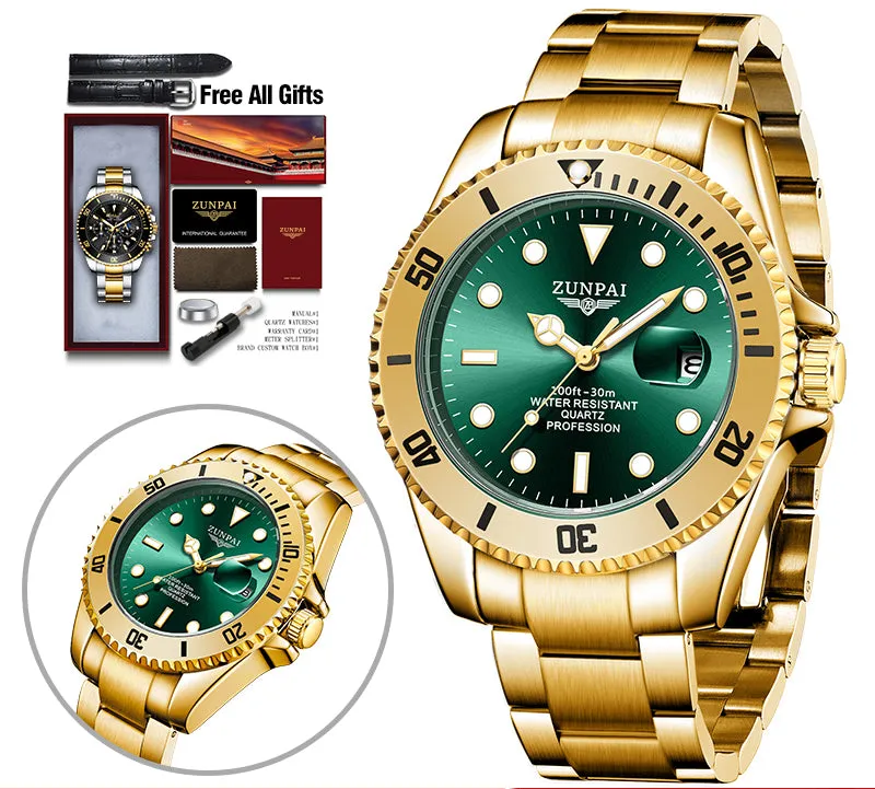 Watch for Men's Waterproof Sports Stainless Steel Diving Wristwatches Golden  Fashion Luxury