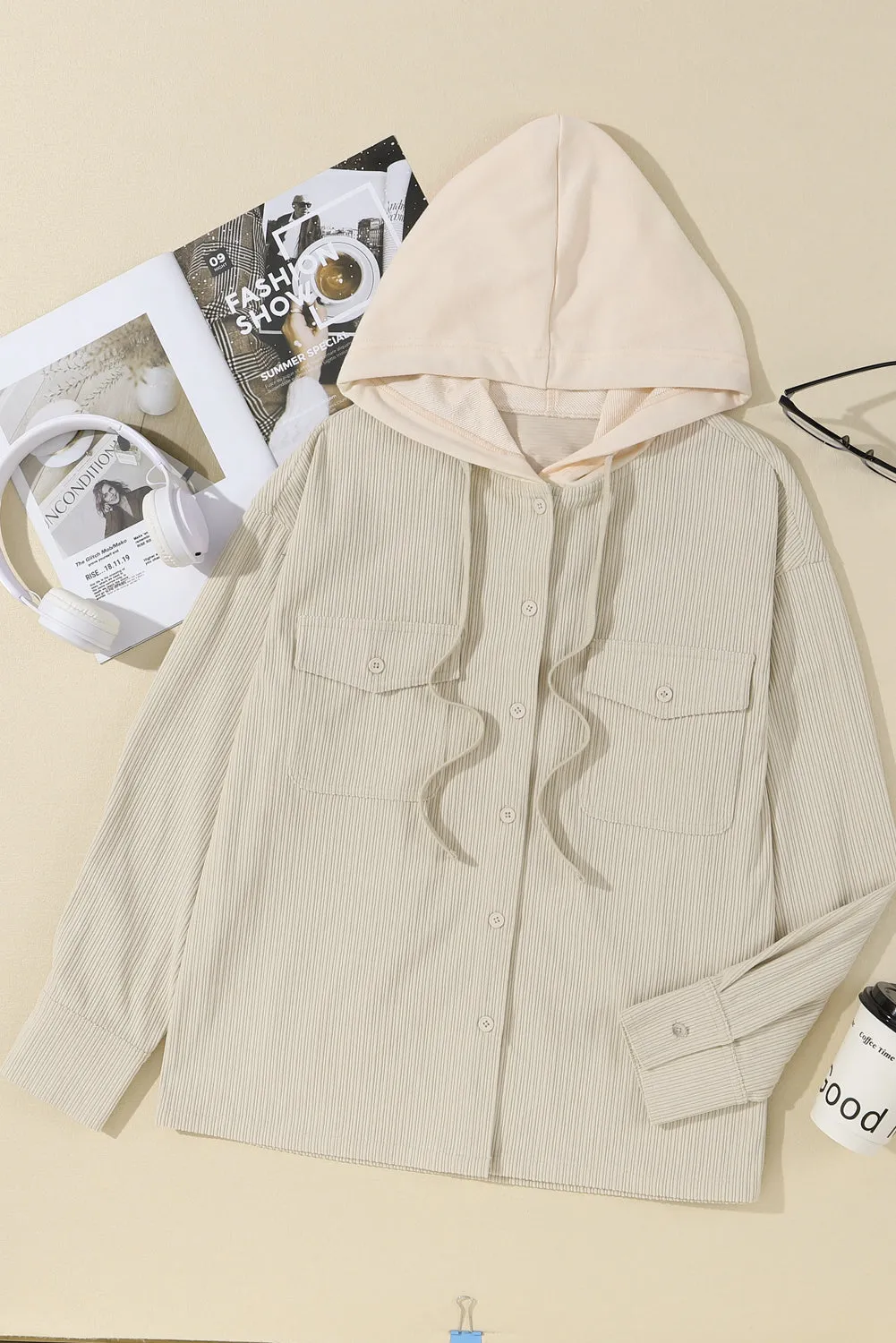 Wholesale Parchment Drawstring Hooded Corduroy Shacket