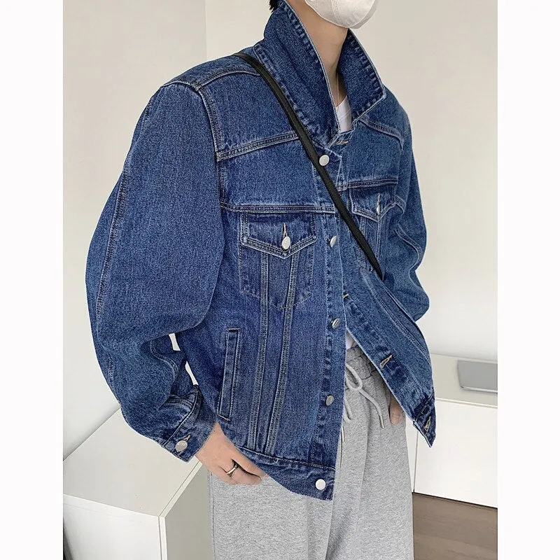 Wiaofellas Spring Short Denim Jacket Men Fashion Pocket Shoulder Pad Jacket Men Streetwear Korean Loose Bomber Jacket Mens Denim Jacket