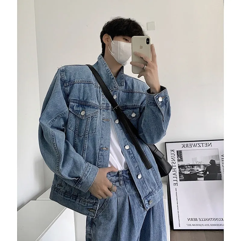 Wiaofellas Spring Short Denim Jacket Men Fashion Pocket Shoulder Pad Jacket Men Streetwear Korean Loose Bomber Jacket Mens Denim Jacket