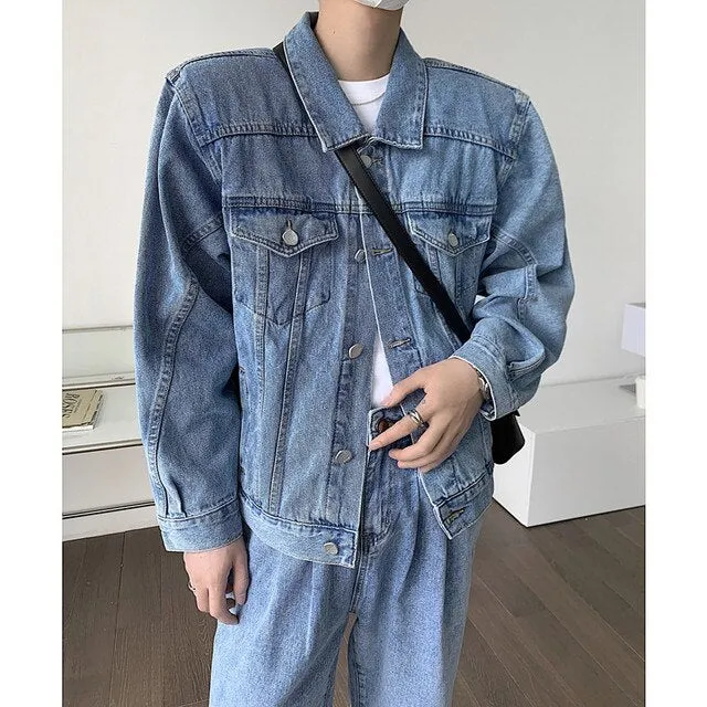 Wiaofellas Spring Short Denim Jacket Men Fashion Pocket Shoulder Pad Jacket Men Streetwear Korean Loose Bomber Jacket Mens Denim Jacket