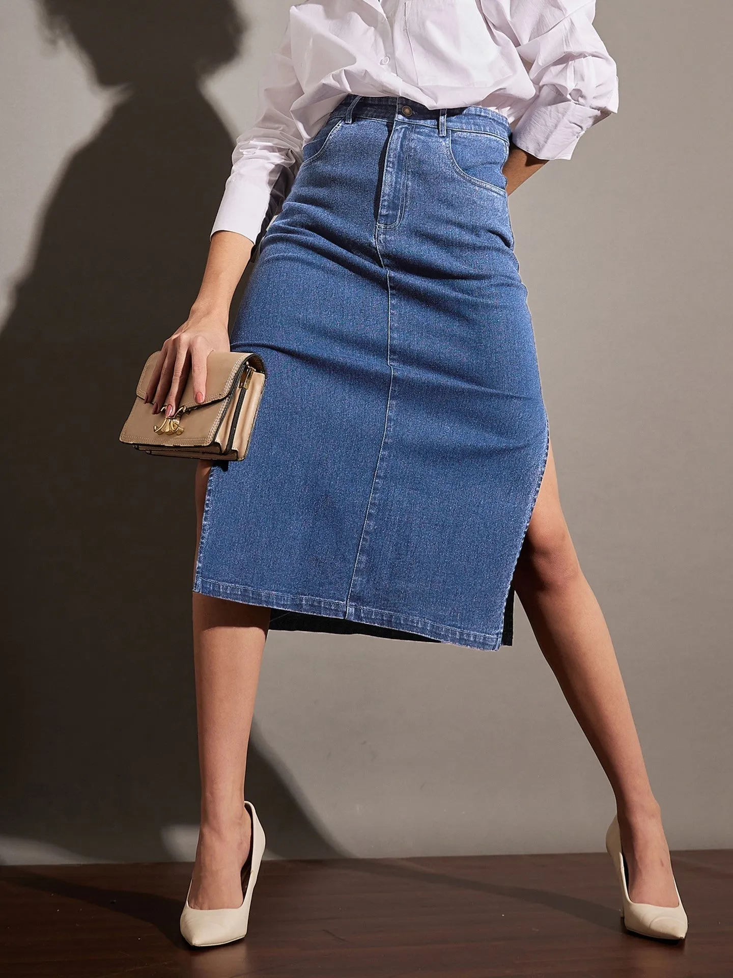 Women Ice Blue Denim Side Slit Midi Skirt