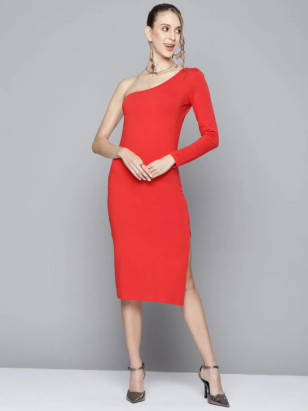 Women Red One Shoulder Bodycon Dress