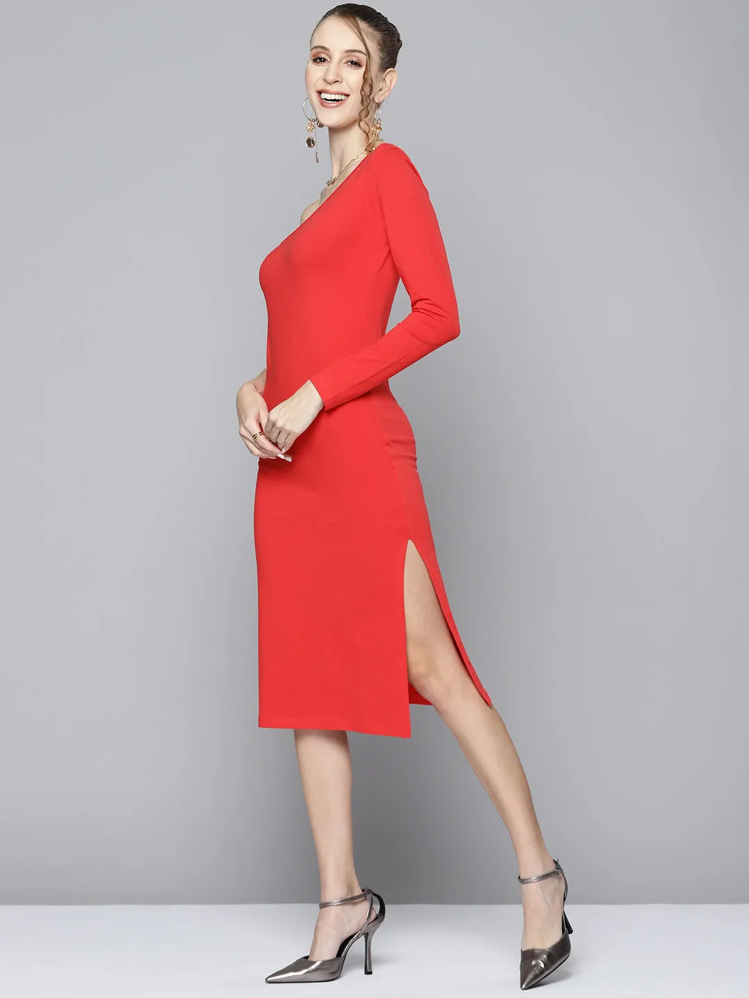 Women Red One Shoulder Bodycon Dress