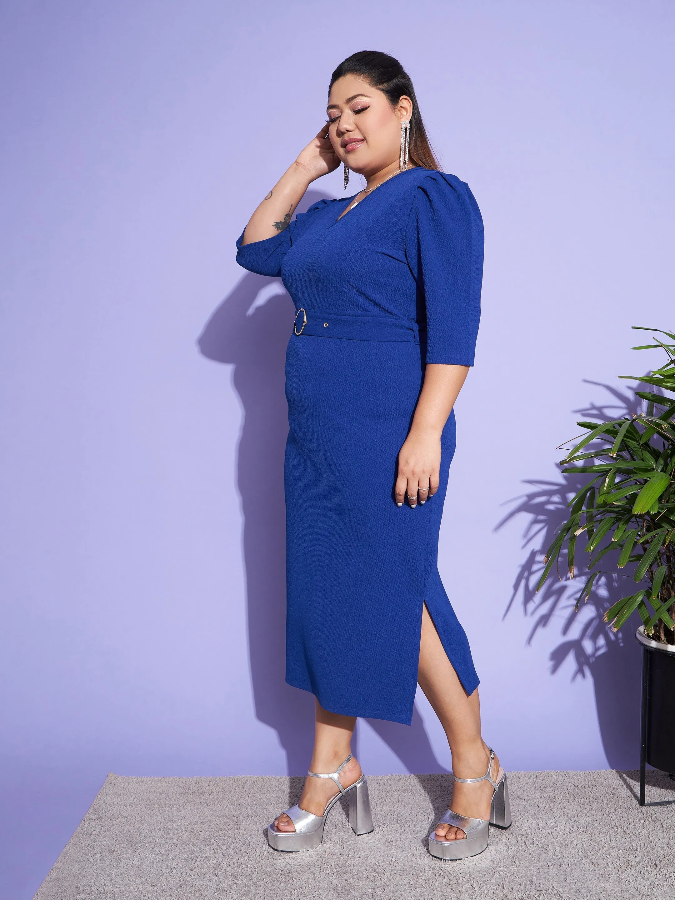 Women Royal Blue Belted Bodycon Dress