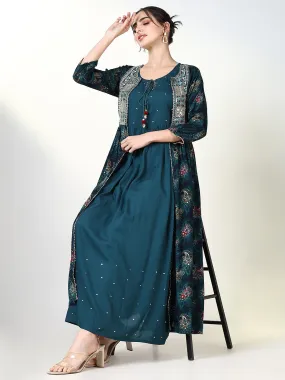 Women Teal Solid A Line Kurta with Overcoat