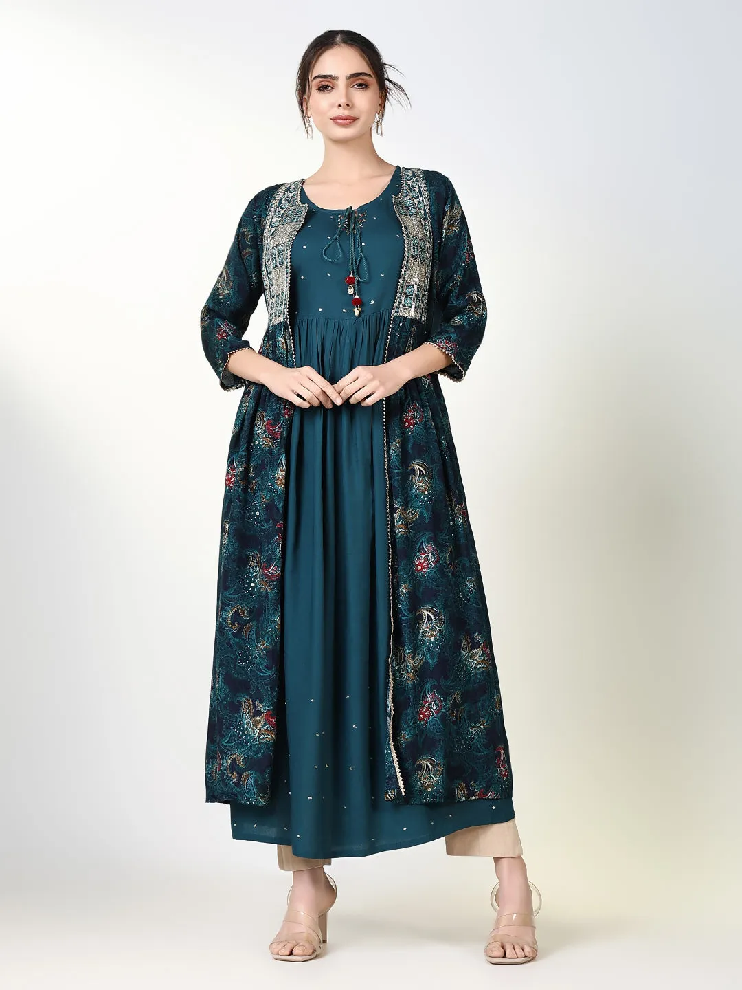 Women Teal Solid A Line Kurta with Overcoat