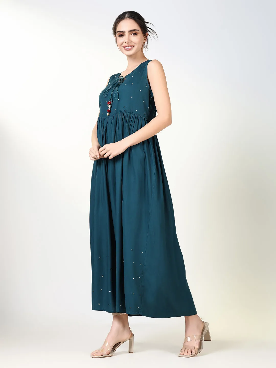 Women Teal Solid A Line Kurta with Overcoat