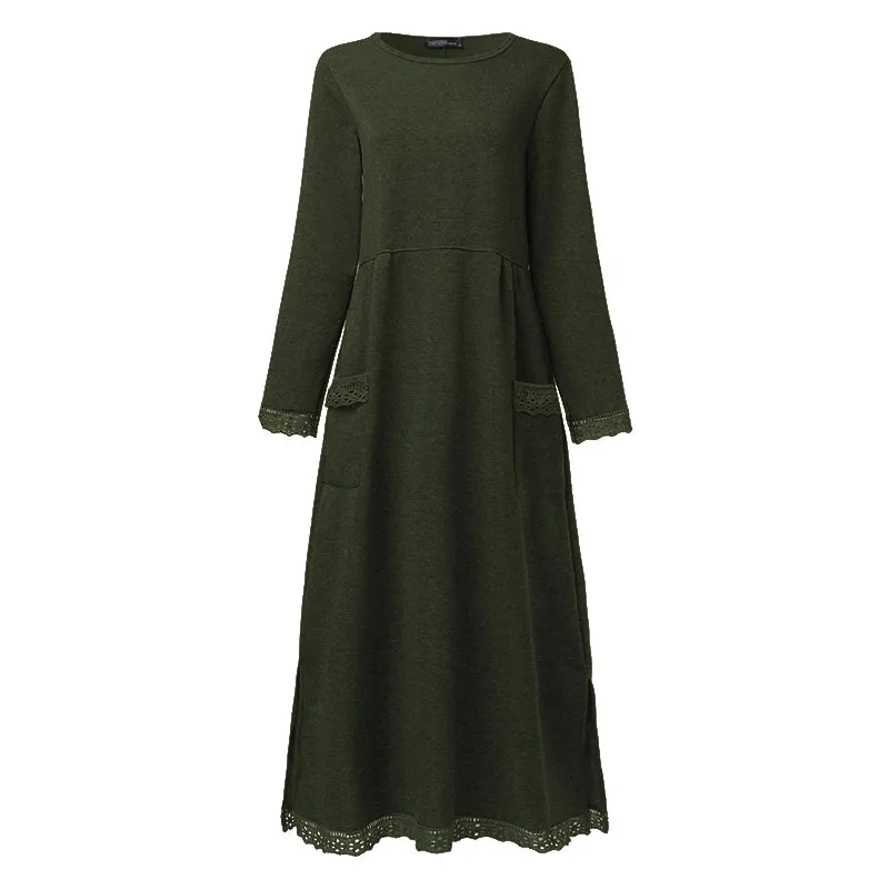 Women Turtleneck Long Sleeve Sweatshirts Dress Casual h Fluffy Patchwork Long Dress Autumn Vintage Vestido Sundress. (Modest style dress)