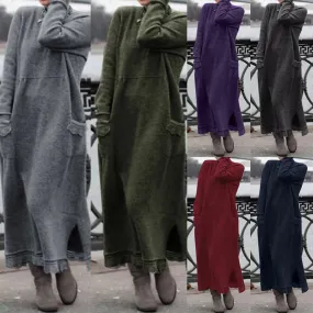 Women Turtleneck Long Sleeve Sweatshirts Dress Casual h Fluffy Patchwork Long Dress Autumn Vintage Vestido Sundress. (Modest style dress)