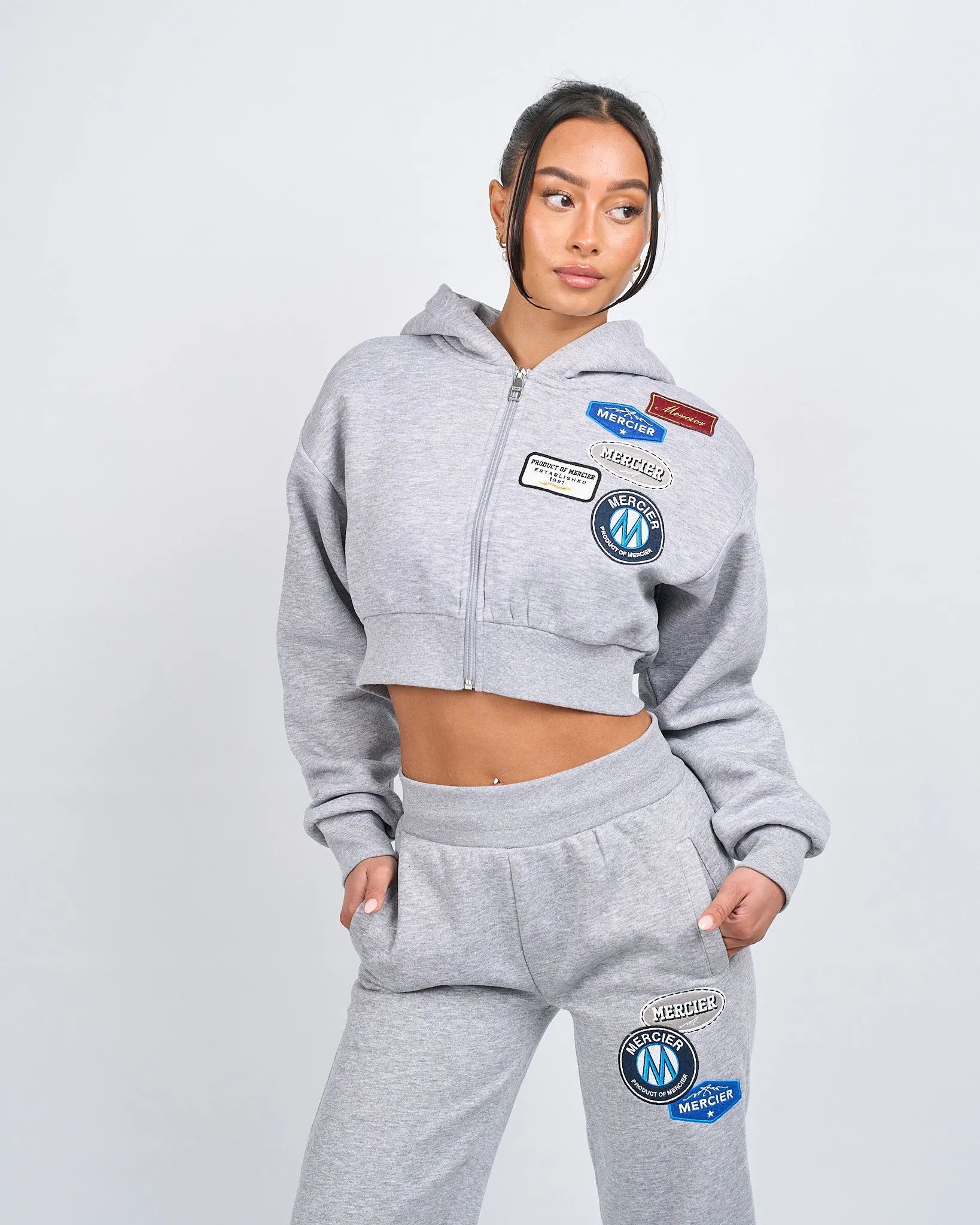 Women's Grey Marl OG Badge Crop Zip Hoodie