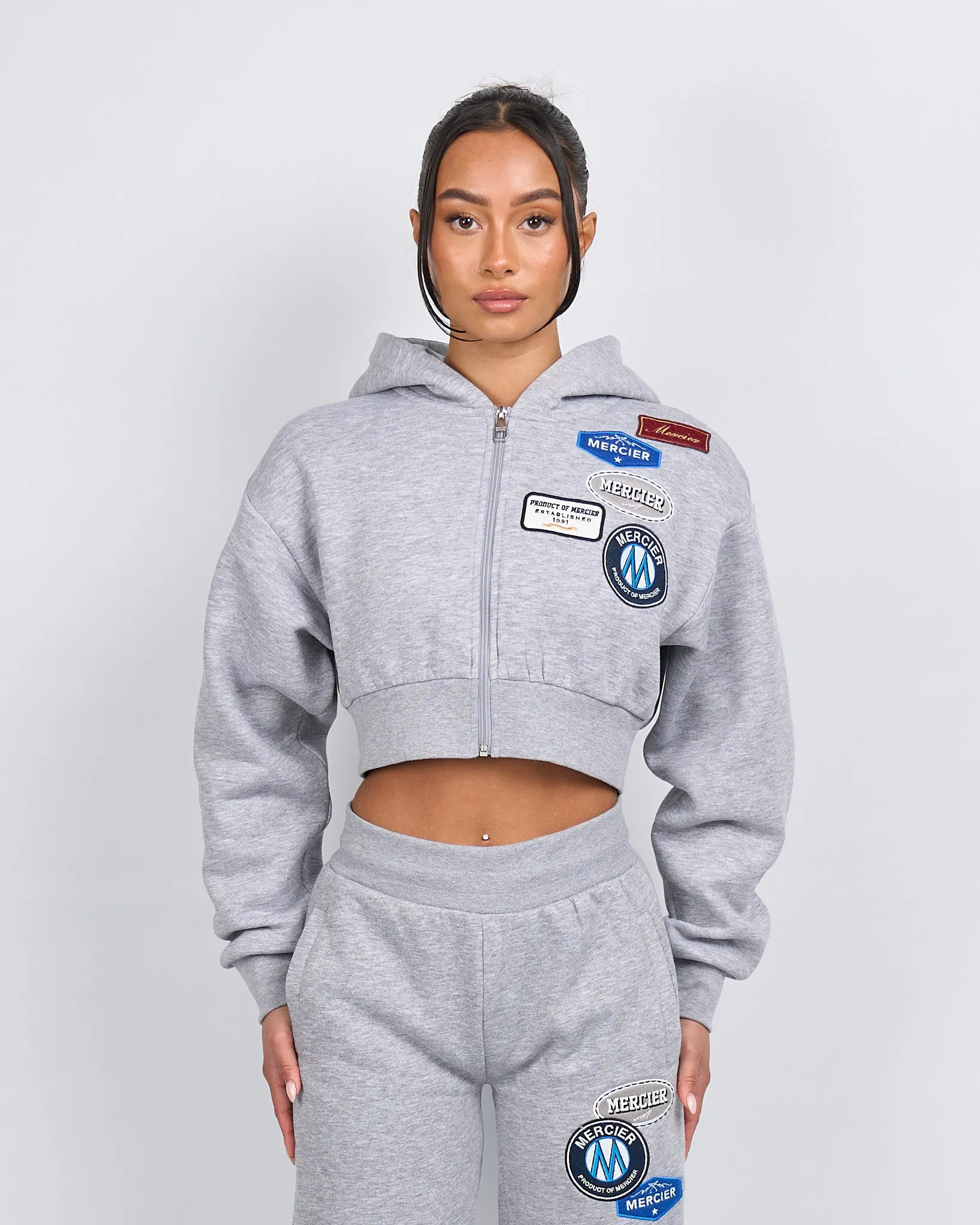 Women's Grey Marl OG Badge Crop Zip Hoodie