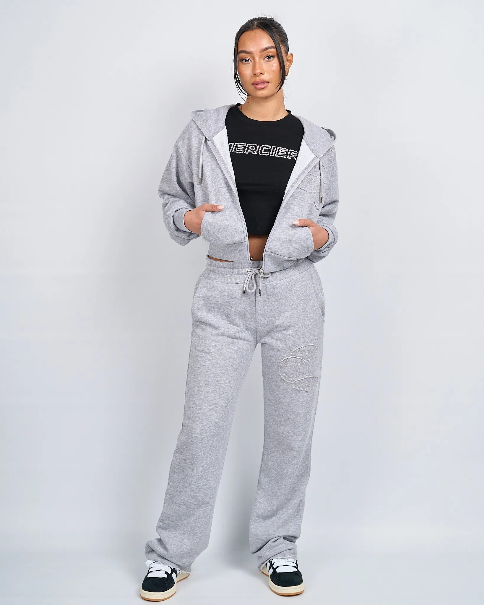 Womens Grey Marl OG Badge Raw Cropped Hoodie