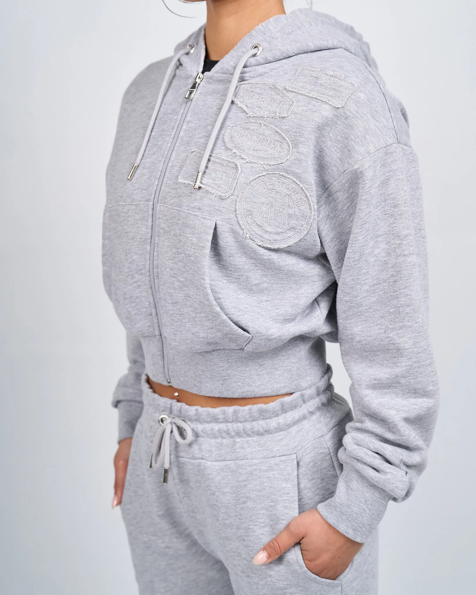 Womens Grey Marl OG Badge Raw Cropped Hoodie