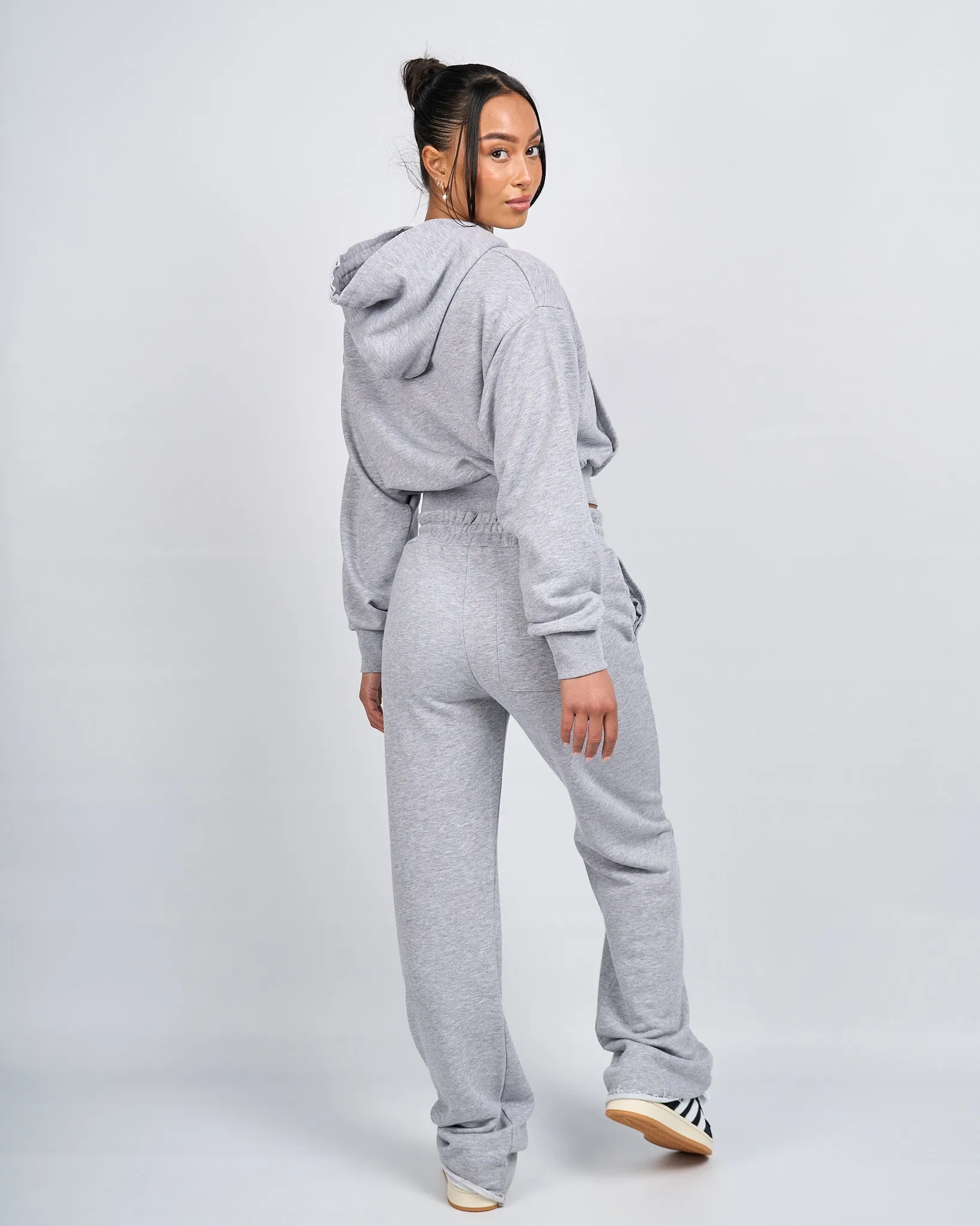 Womens Grey Marl OG Badge Raw Cropped Hoodie