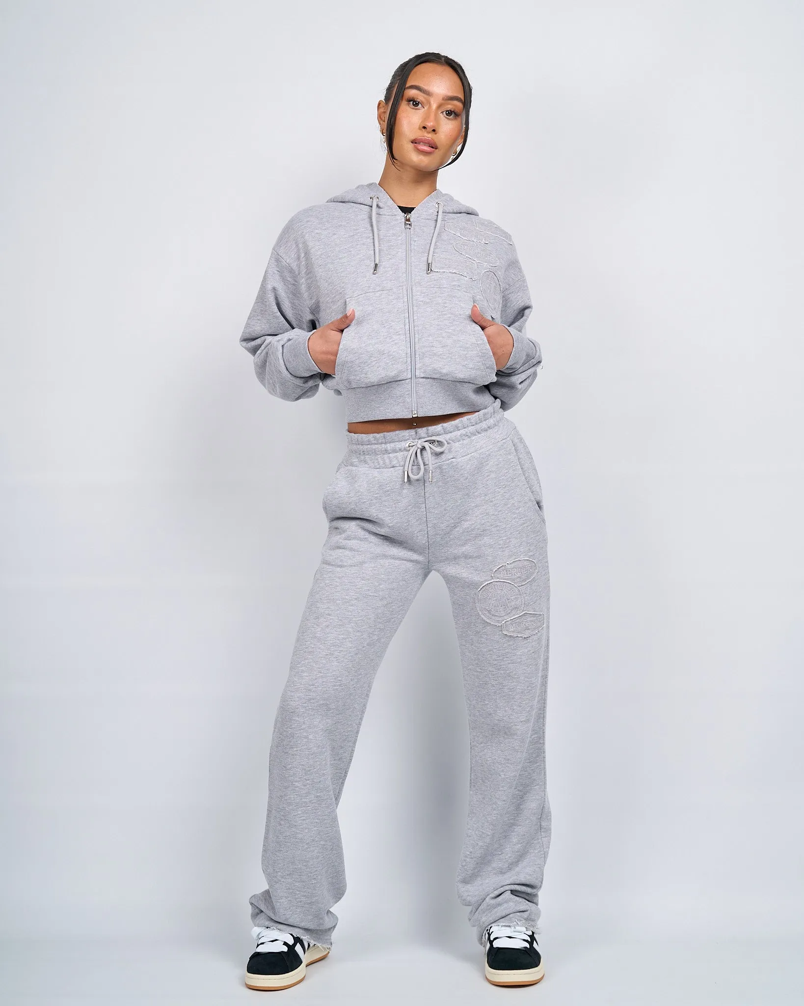 Womens Grey Marl OG Badge Raw Cropped Hoodie