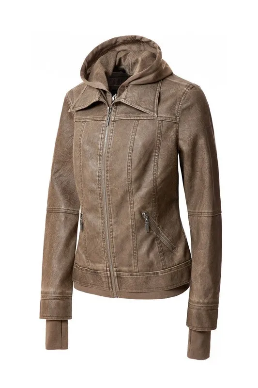 Women's Hood PU Leather Jacket