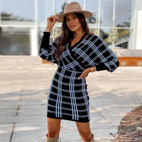 Women's Plaid Swing Dress Long Sleeve V Neck Tunic Mini Dress