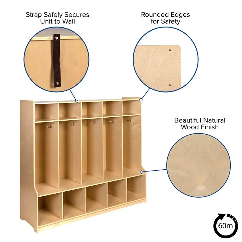 Wooden 5 Section School Coat Locker with Bench, 48"H x 48"L (Natural)