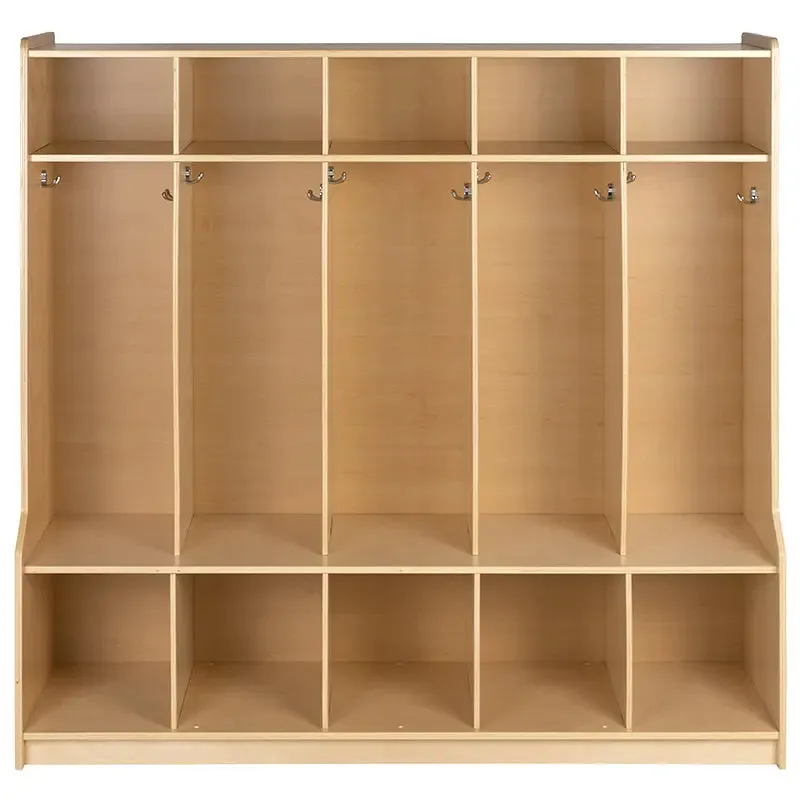 Wooden 5 Section School Coat Locker with Bench, 48"H x 48"L (Natural)