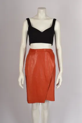 YVES SAINT LAURENT ORANGE LEATHER WRAP MIDI SKIRT