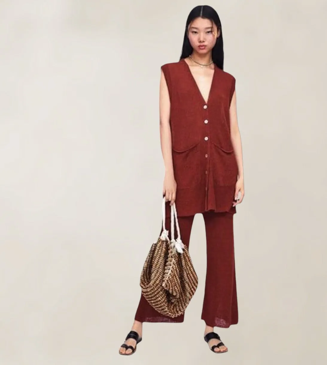 ZARA Rust Knit Linen Mix Wide Leg Culottes & Long Waistcoat  M UK 12 US 8 EU 40